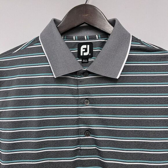 Footjoy FJ Mens Golf Polo Shirt Black & Green Striped 100% Polyester Size XL guc - Picture 2 of 9